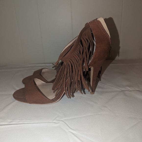 Torrid  brown two strap fringe high heel sandal. - Picture 2 of 4